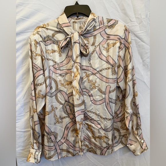 Evan Picone Tops - Vintage Evan Picone Cream Satin Tie-Neck Blouse with Pink & Gold Chain Print